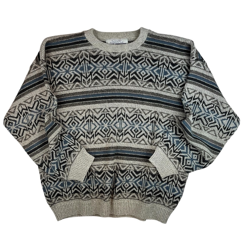 Vintage 90s Men's Knit Pullover, Grandpa Sweater, Geometric Pattern, Gray & Blue